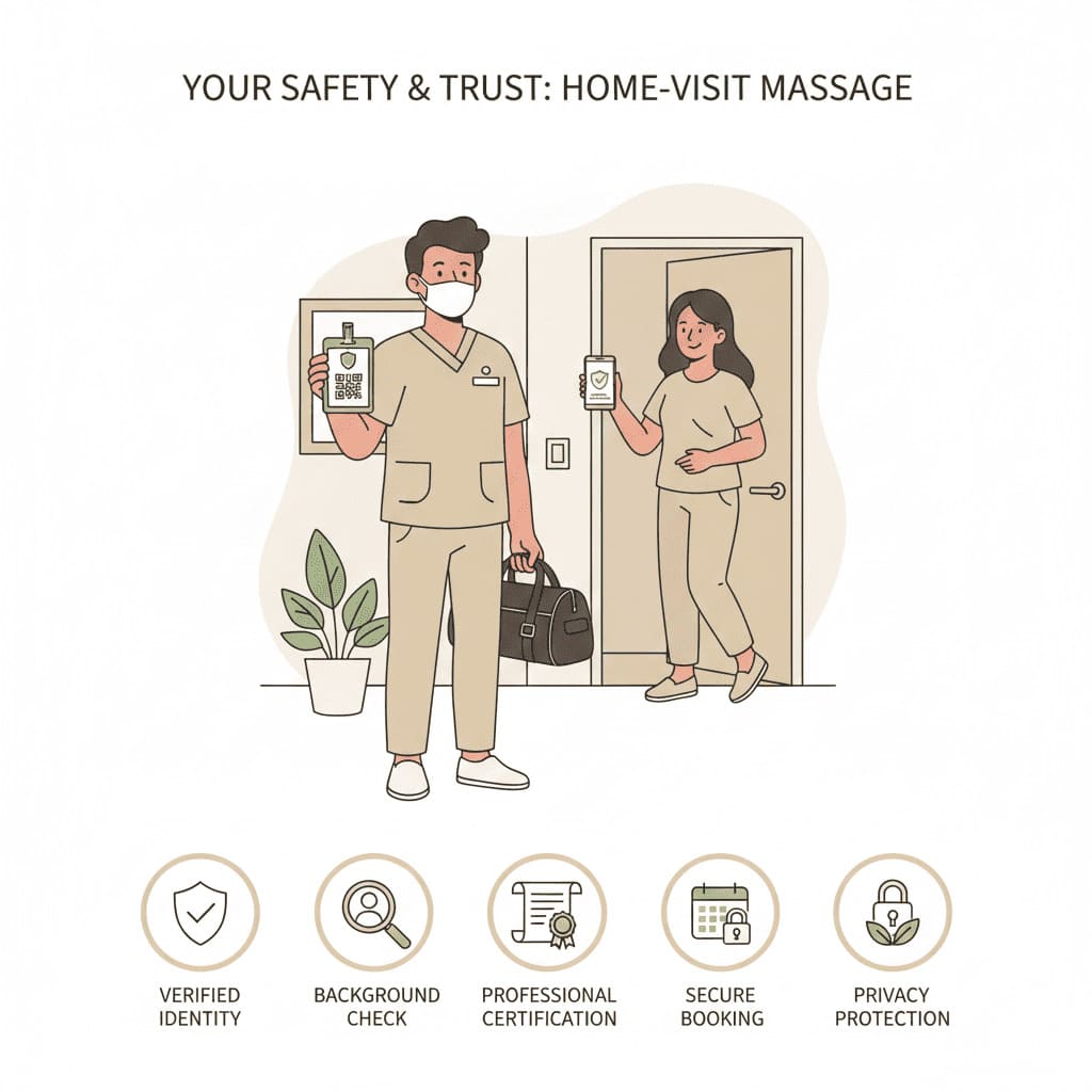 Professional massage therapist with verification credentials arriving for home appointment