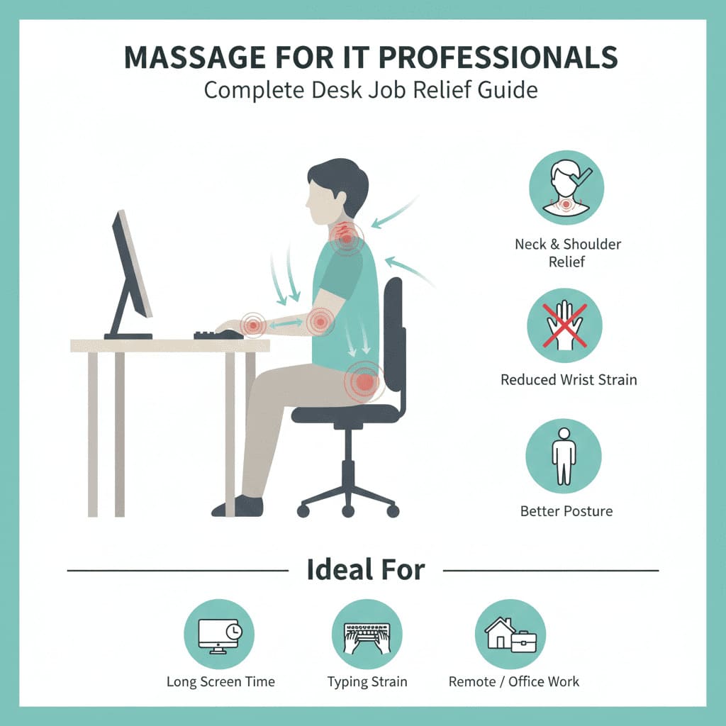 IT professional receiving therapeutic massage for neck and shoulder tension from desk work