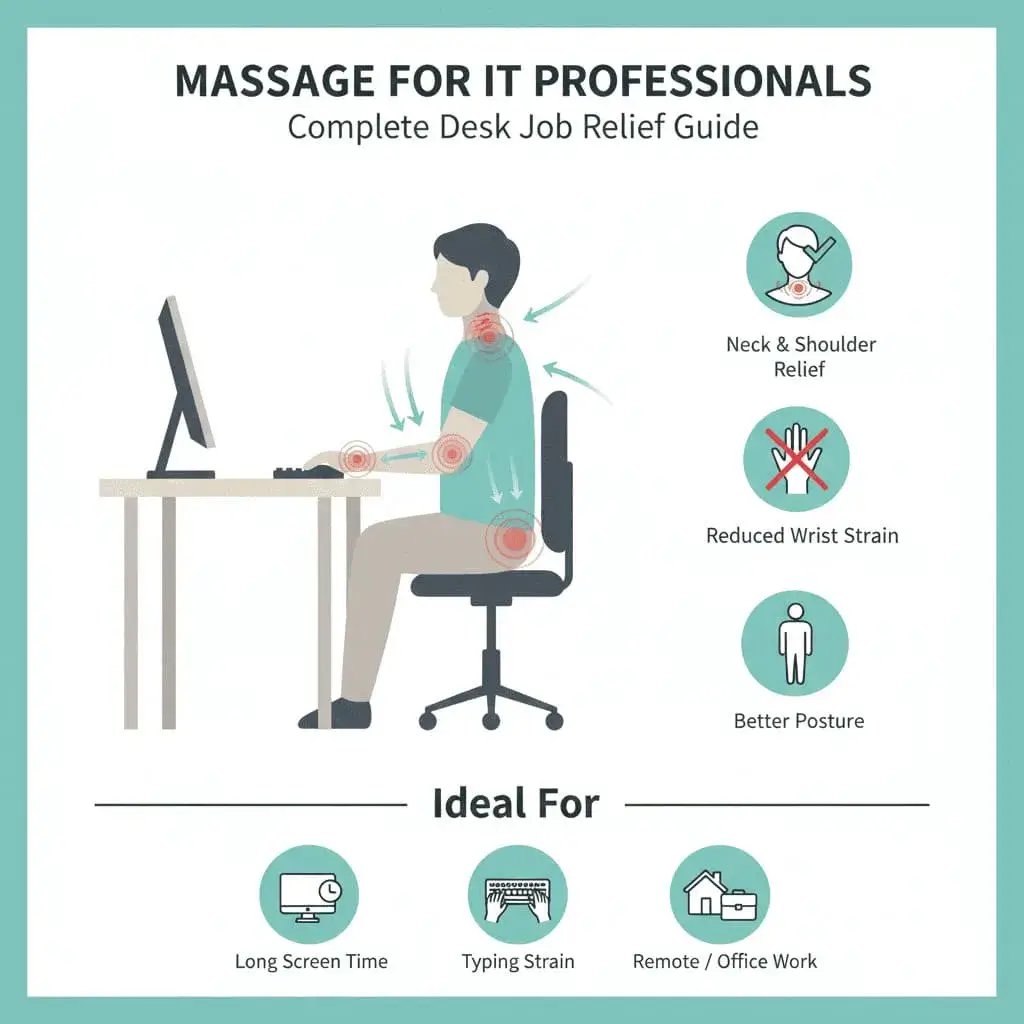 IT professional receiving therapeutic massage for neck and shoulder tension from desk work