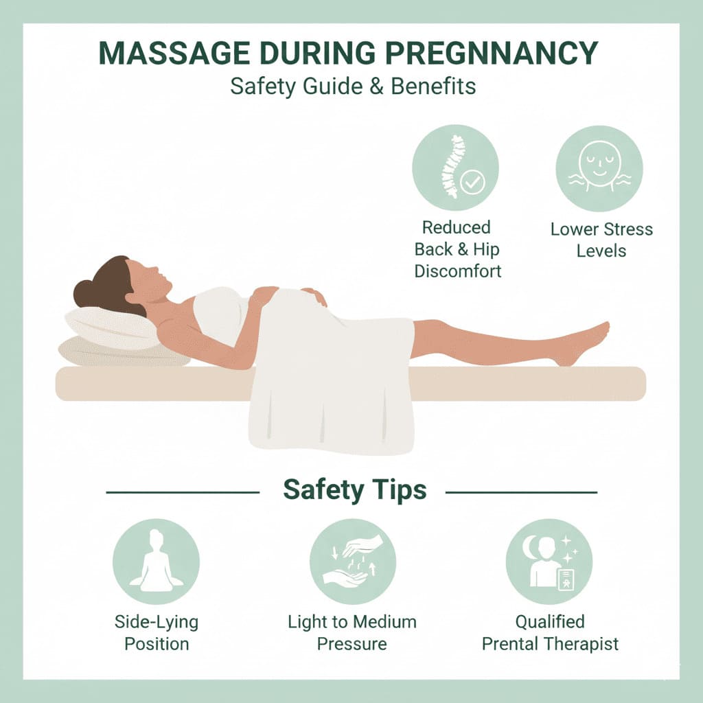 Pregnant woman receiving safe prenatal massage in comfortable side-lying position