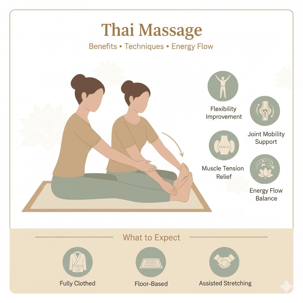 Thai massage practitioner performing assisted stretching technique