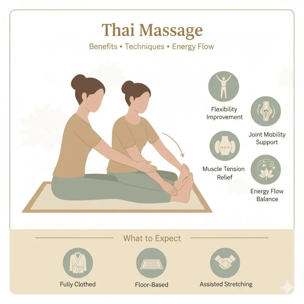 Thai massage practitioner performing assisted stretching technique