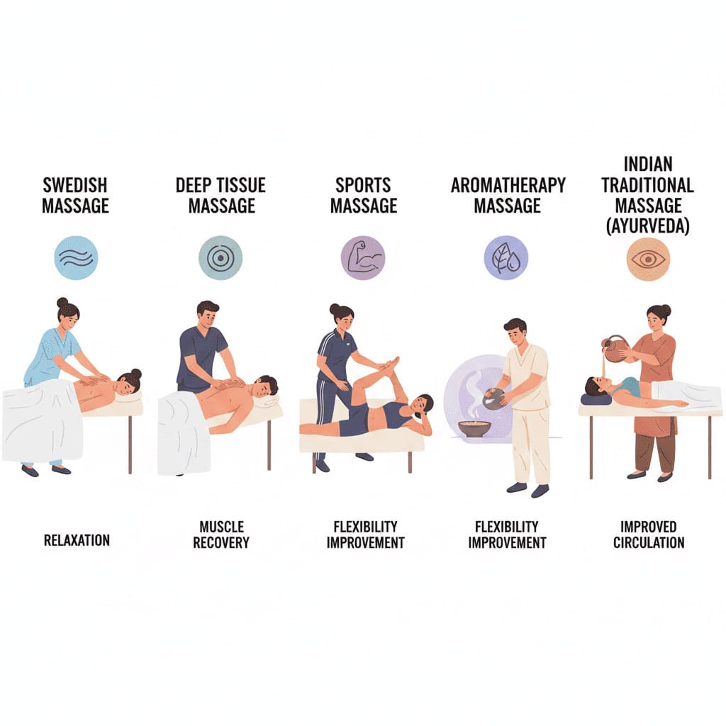 Different massage therapy techniques illustrated side by side