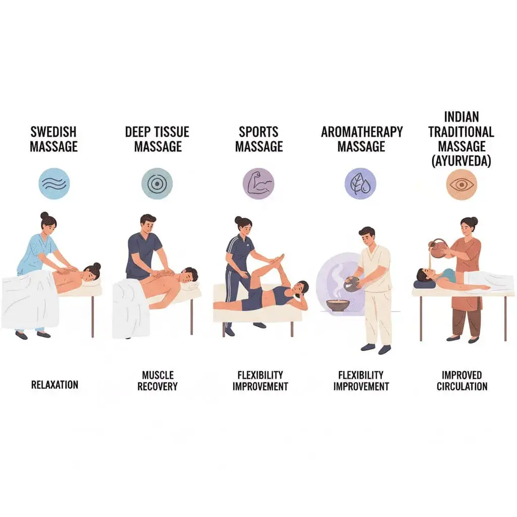 Different massage therapy techniques illustrated side by side