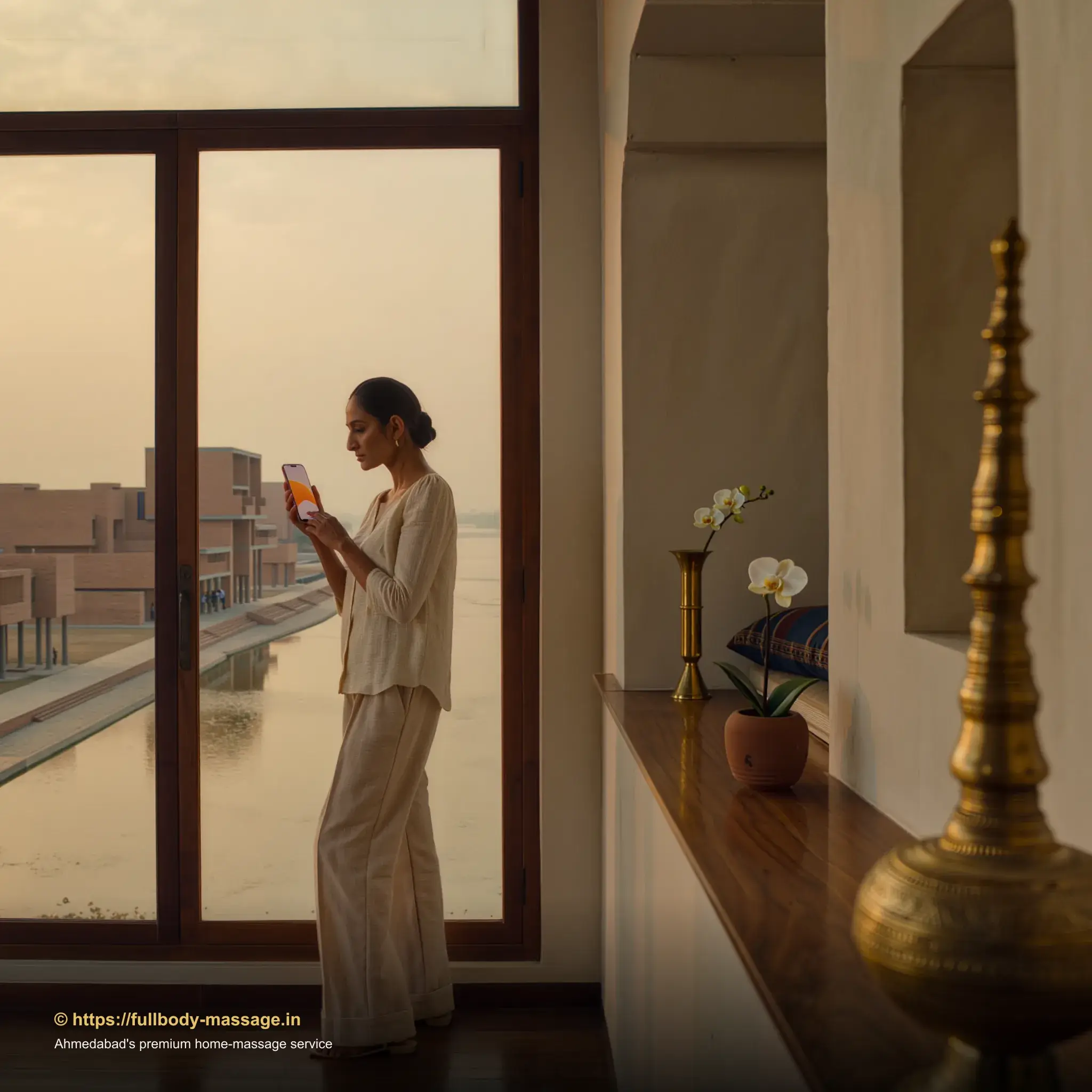 Young woman booking a professional massage at home in Ahmedabad using a smartphone app, designer apartment with Sabarmati Riverfront skyline view