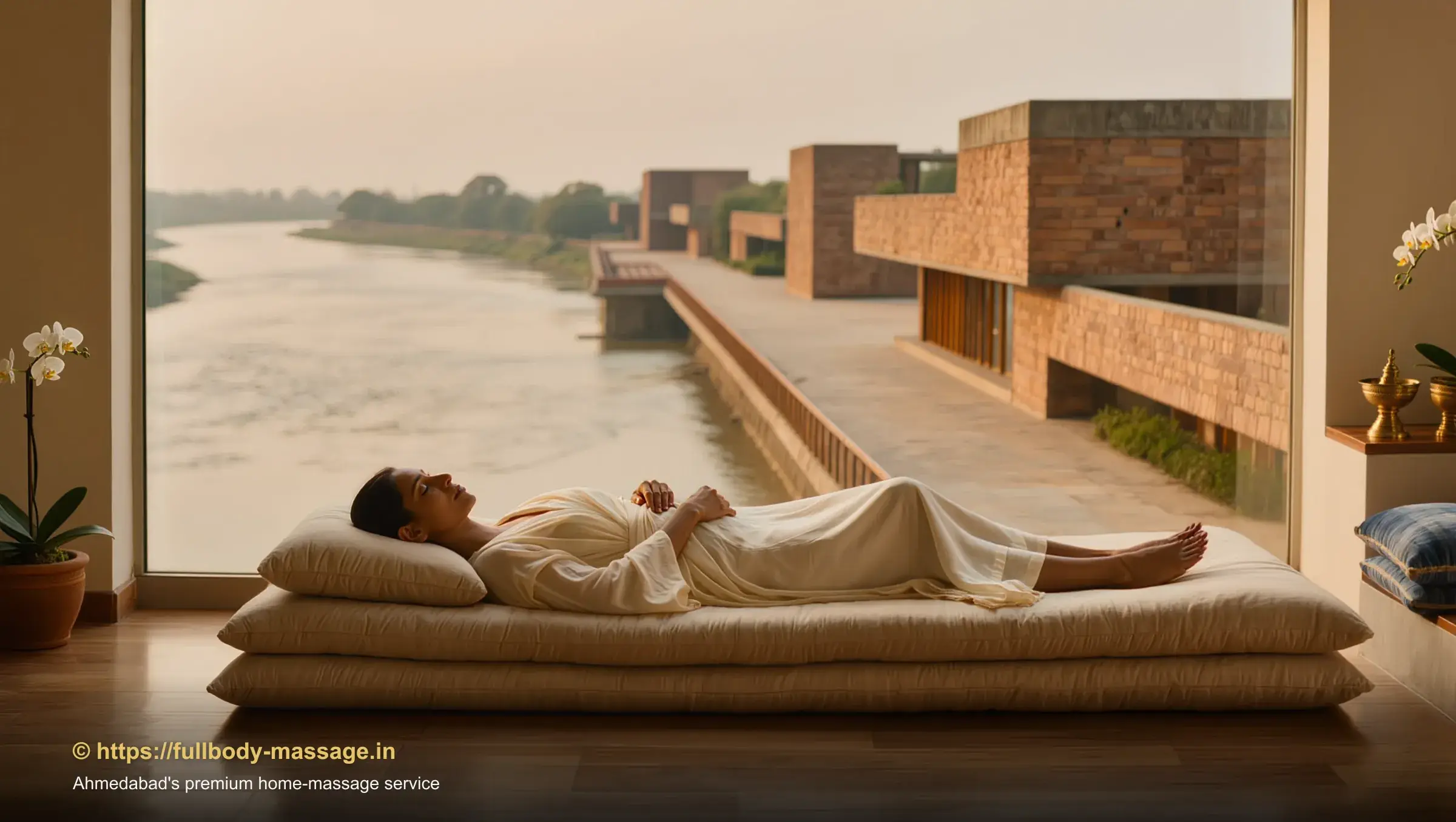 Young woman relaxing peacefully on a designer sofa after a professional in-home massage session in Ahmedabad