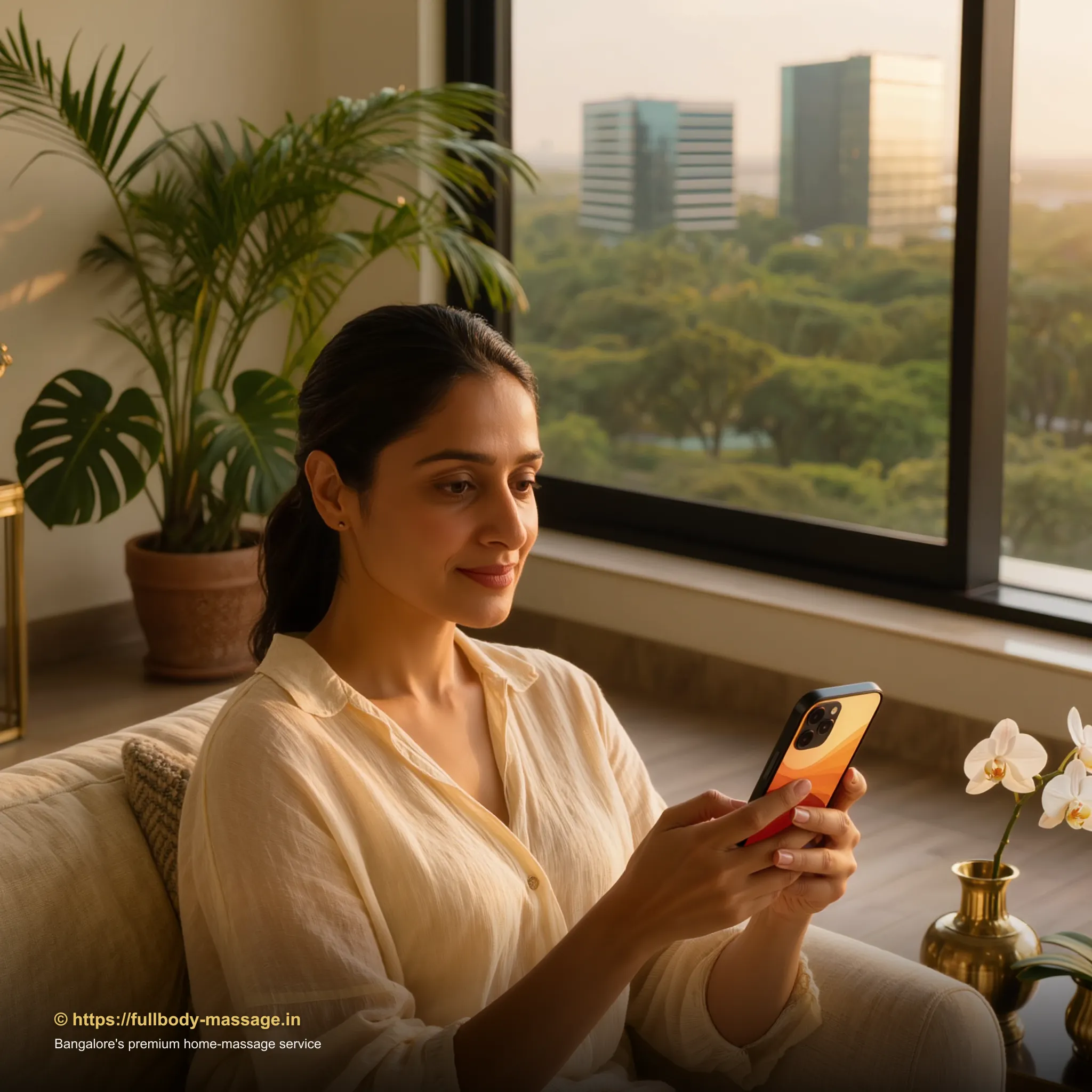 Young woman booking a professional massage at home in Bangalore using a smartphone app, designer apartment with city skyline view