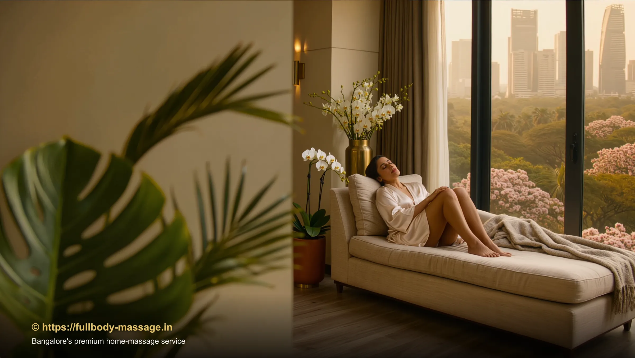 Young woman relaxing peacefully on a designer sofa after a professional in-home massage session in Bangalore