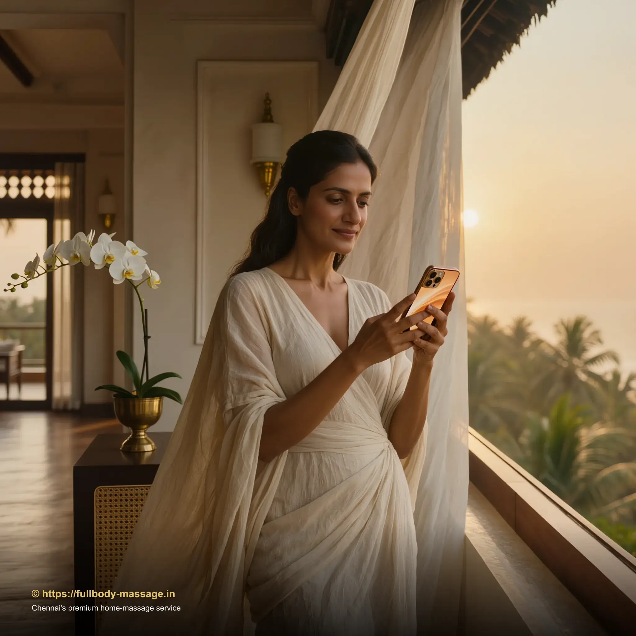 Young woman booking a professional massage at home in Chennai using a smartphone app, designer apartment with coastal skyline view