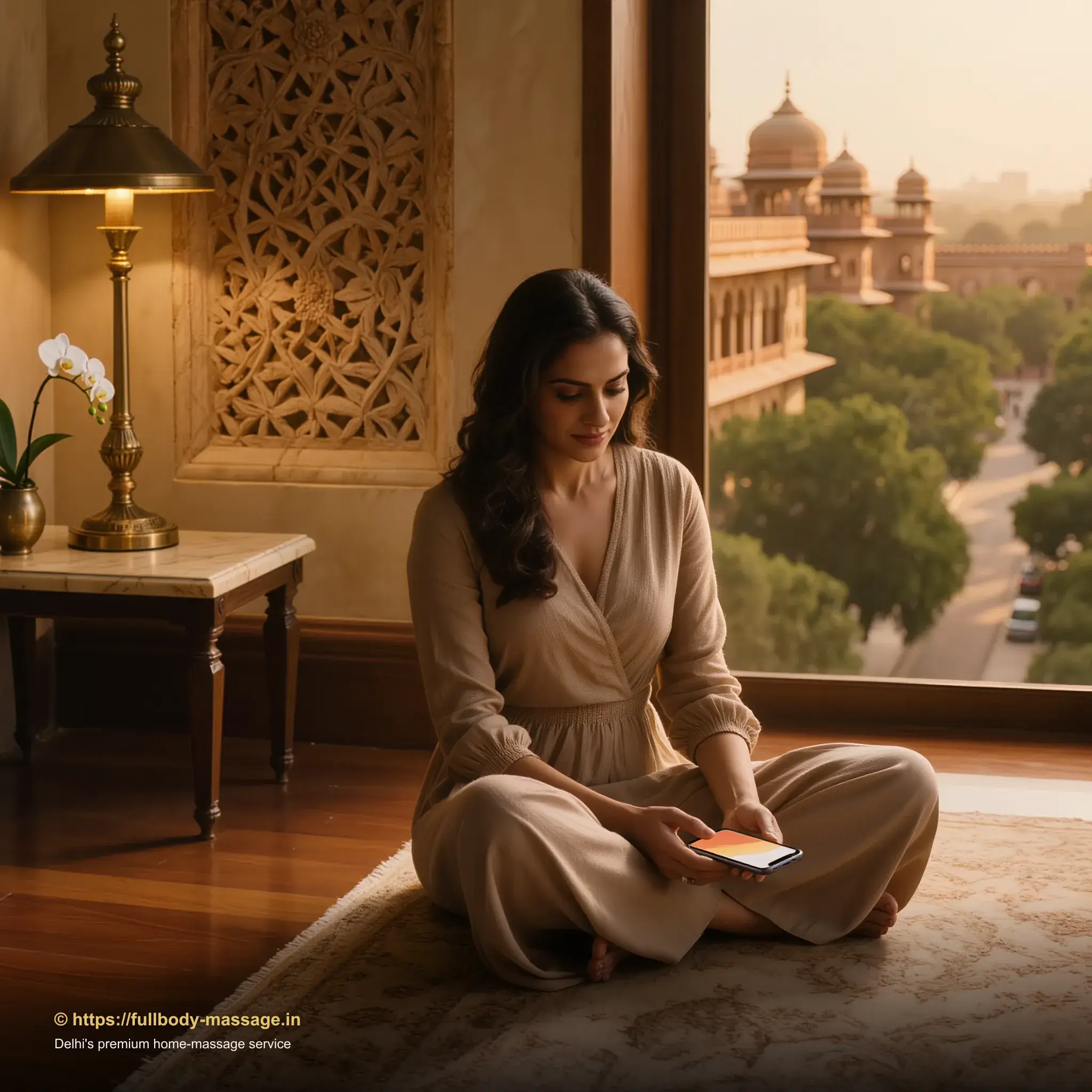 Young woman booking a professional massage at home in Delhi using a smartphone app, designer apartment with city skyline view