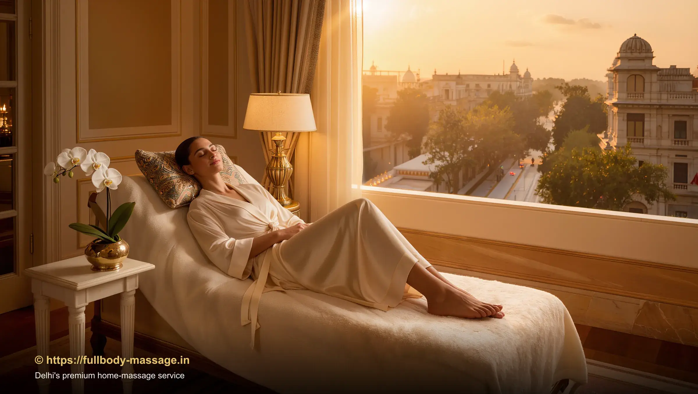 Young woman relaxing peacefully on a designer sofa after a professional in-home massage session in Delhi
