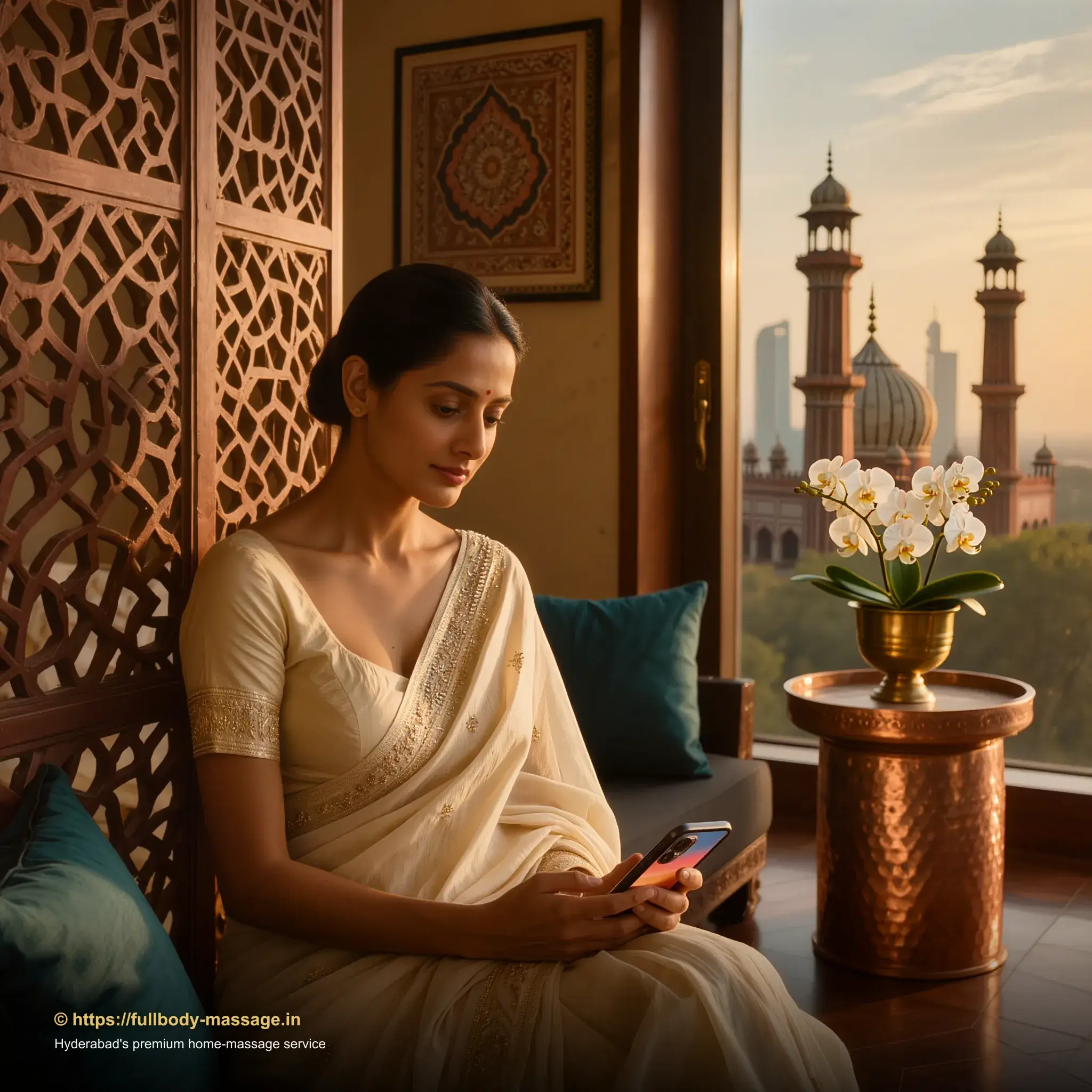 Young woman booking a professional massage at home in Hyderabad using a smartphone app, designer apartment with Cyberabad skyline view