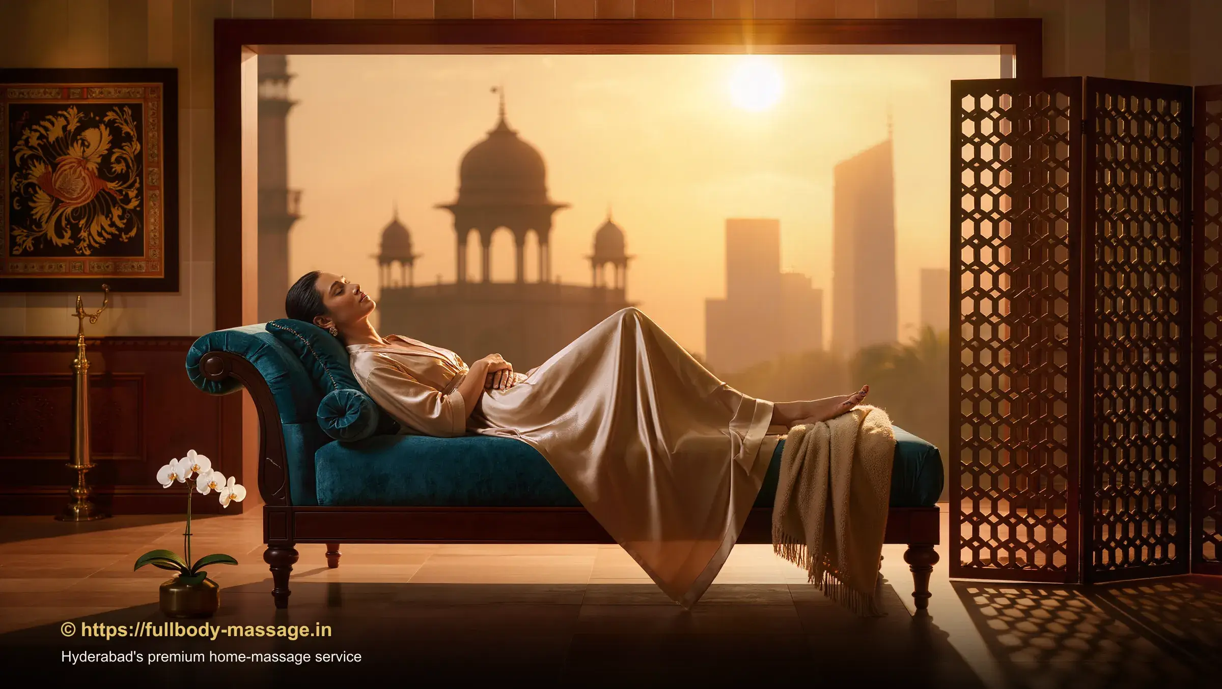 Young woman relaxing peacefully on a designer sofa after a professional in-home massage session in Hyderabad