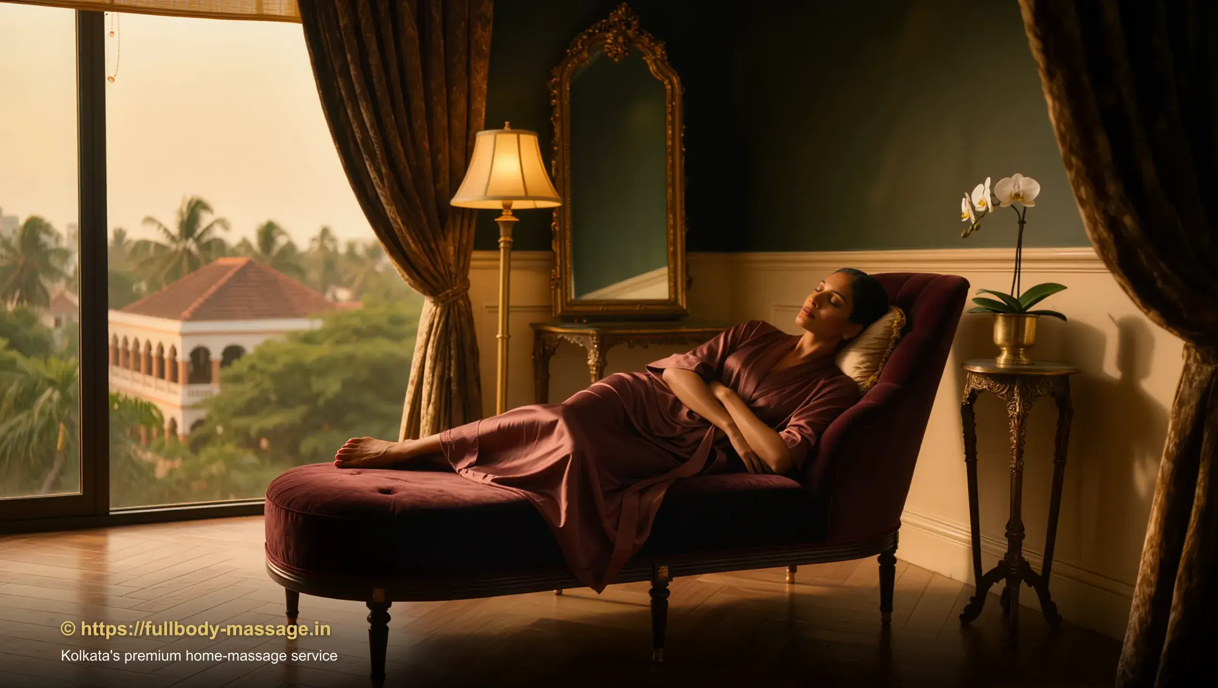 Young woman relaxing peacefully on a designer sofa after a professional in-home massage session in Kolkata