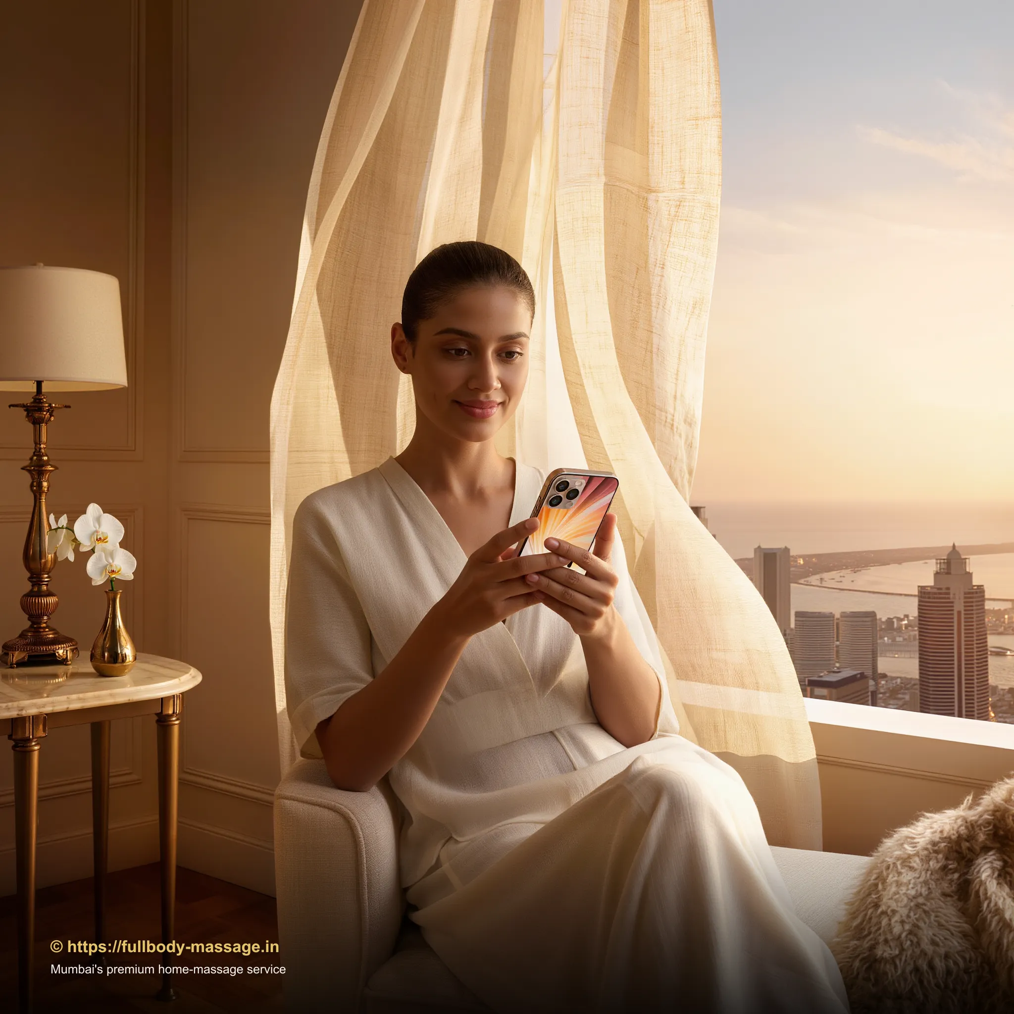 Young woman booking a professional massage at home in Mumbai using a smartphone app, designer apartment with city skyline view