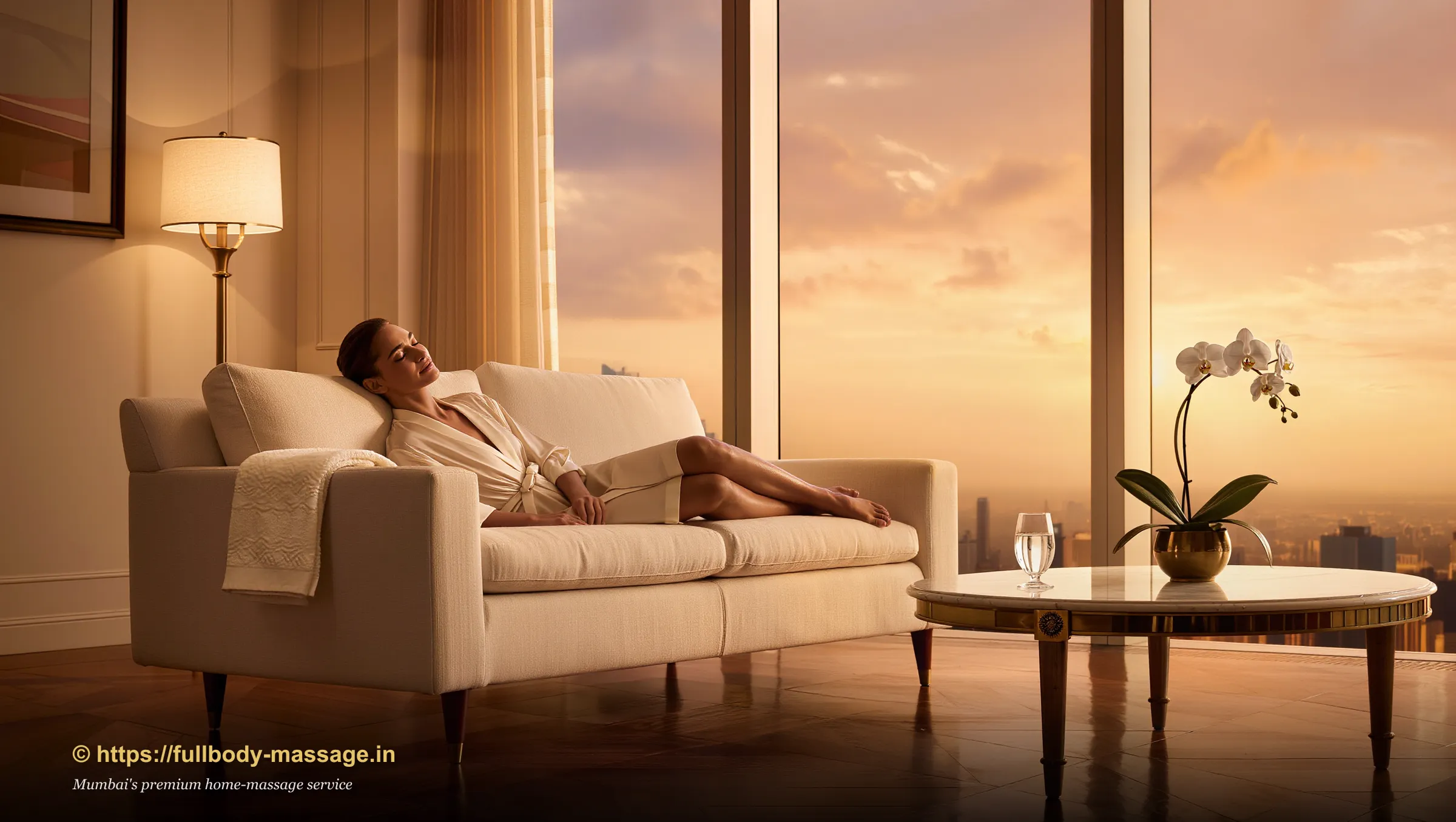 Young woman relaxing peacefully on a designer sofa after a professional in-home massage session in Mumbai