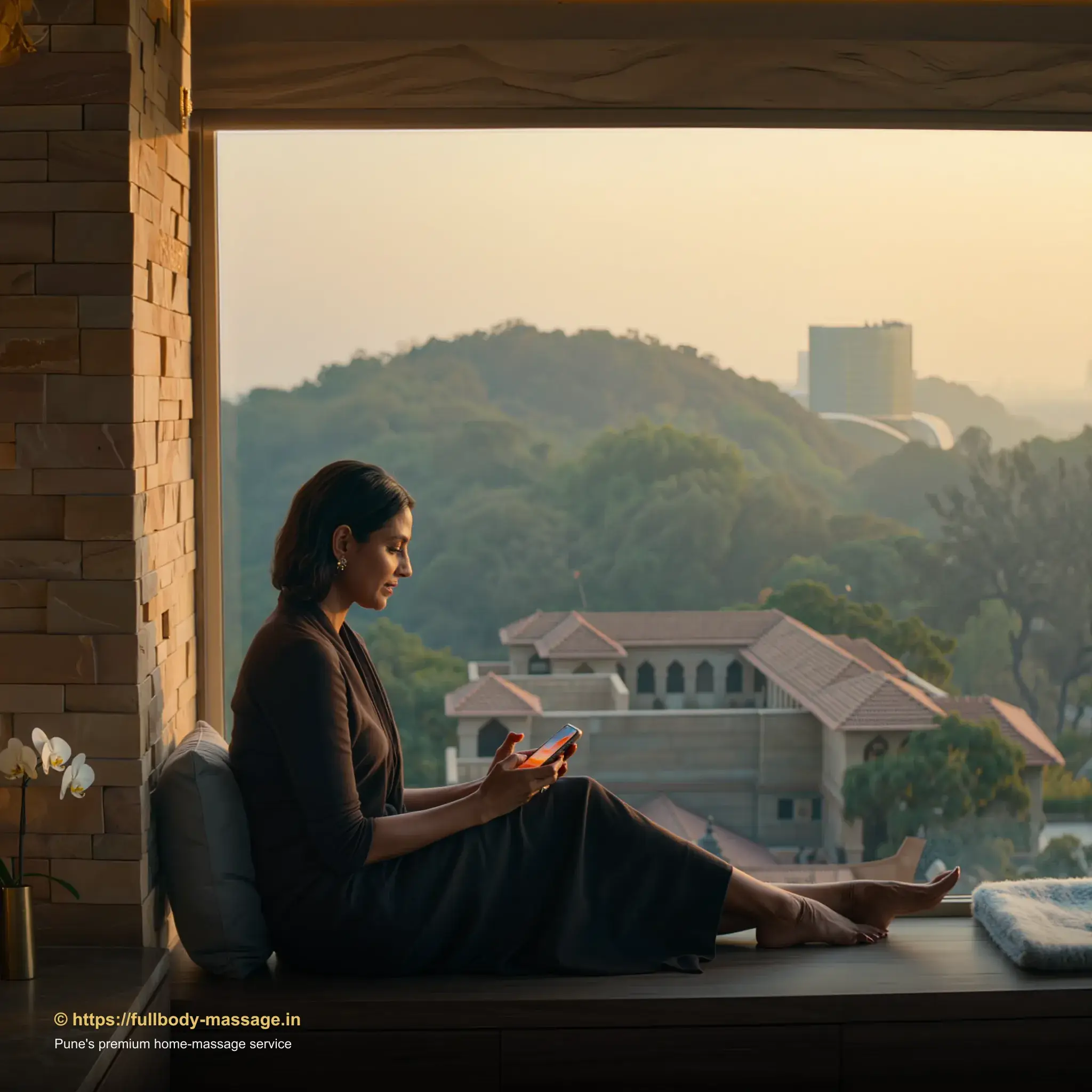 Young woman booking a professional massage at home in Pune using a smartphone app, designer apartment with Koregaon Park skyline view and Mutha riverside view in the distance