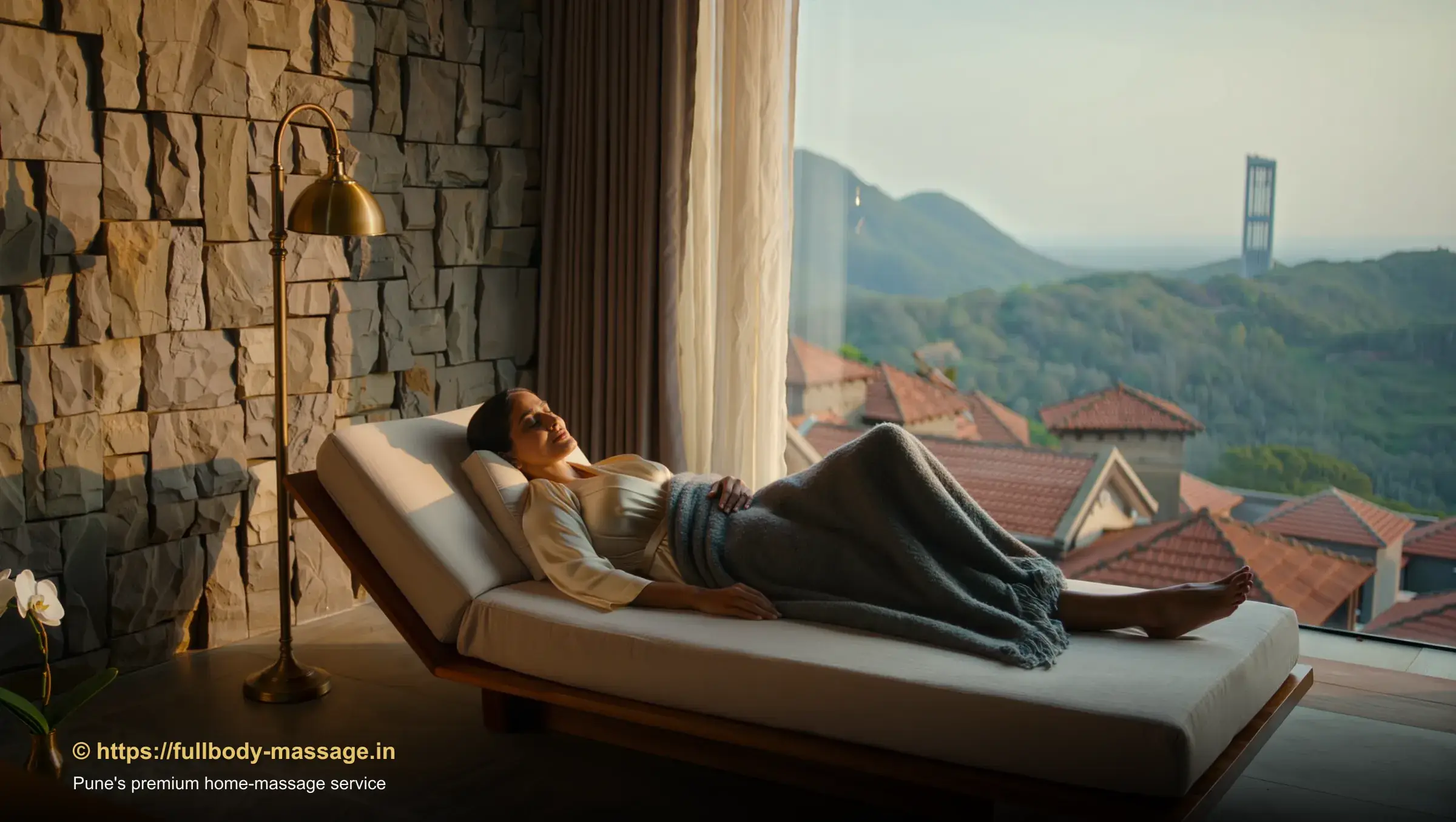 Young woman relaxing peacefully on a designer sofa after a professional in-home massage session in Pune