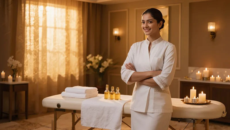 Professional female massage therapist in luxury spa setting
